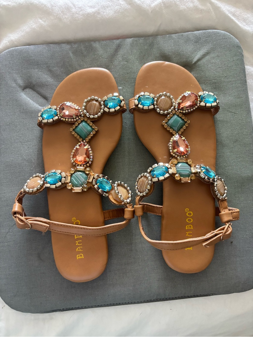 BAMBOO Tan Jeweled T-Strap Sandals with Turquoise & Coral Gems